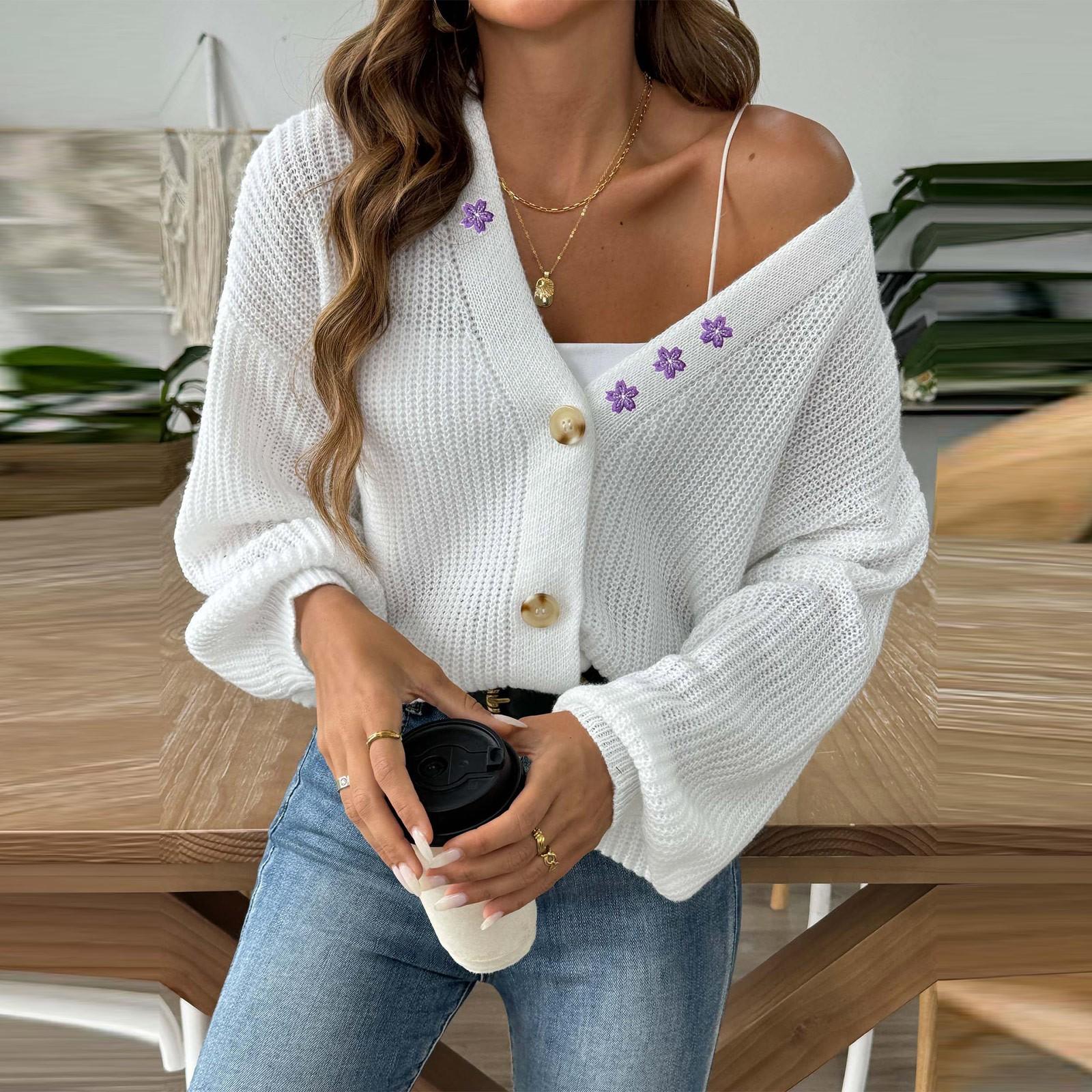 

Женская осенне-зимняя цветочная вышивка с аппликацией, короткая куртка на пуговицах, свитер, кардиган XL белый