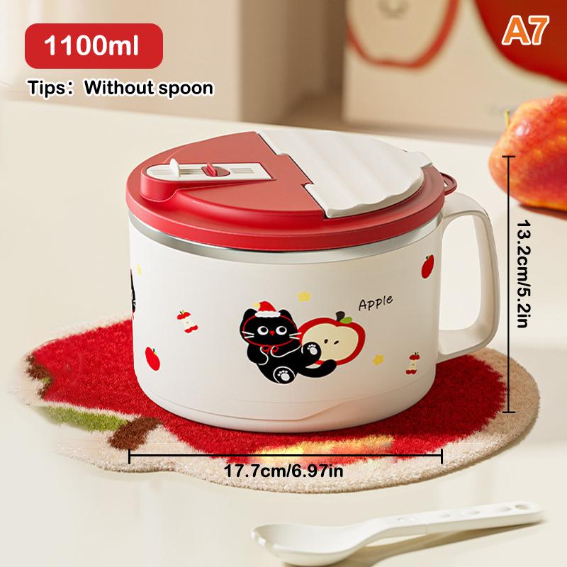 

304 Stainless Steel Noodle Bowl With Cartoon Design Includes A Foldable Spoon Drainable Noodles Rice Bento Box Portable A7
