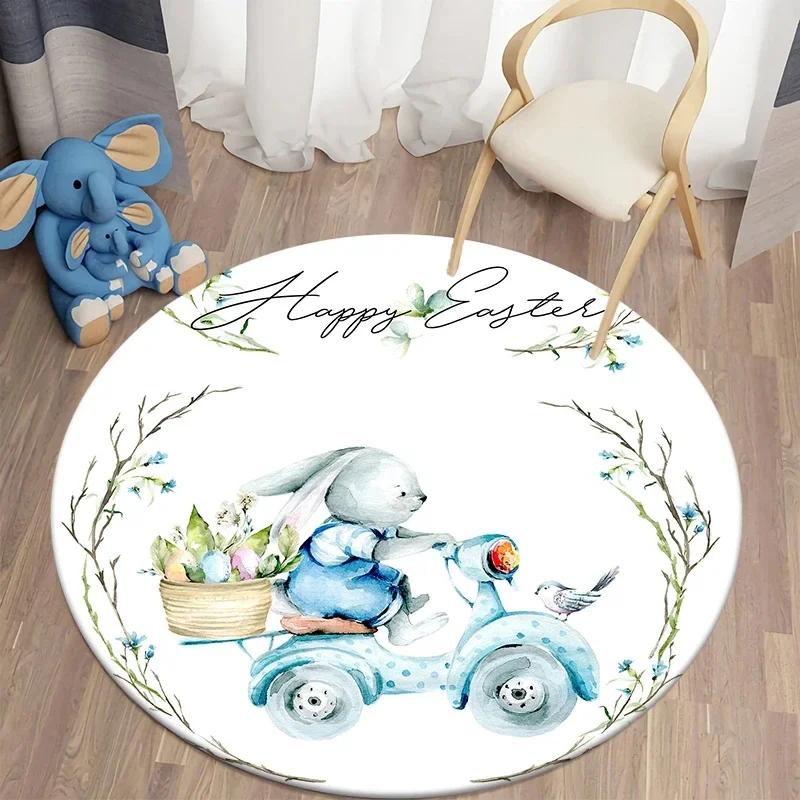 Cartoon Bunny Print Round Carpet Rabbit Area Rugs Circle Carpets for Living Room Floor Mat Polyester Anti-Slip Mats for Children