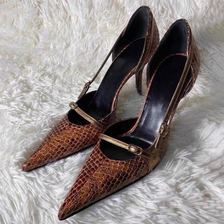 Fashion Small and Niche Design Pointed Thin Heel Snake Skin Pattern High Heels for Women  Retro Spicy Girl Belt Buckle Hollow Sandals