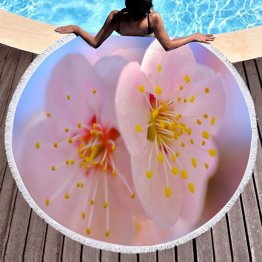 Beautiful Peach Blossom Round Beach Towel with Tassel,Microfiber Sand Free Quick Dry Botanical Floral Circle Bath Towel Yoga Mat
