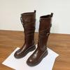 Grape Mom Long Knight Boots Belt Buckle Pleated Pile Boots Front Zipper Internet Celebrity Soft Leather Skinny Boots Platform Women's Boots