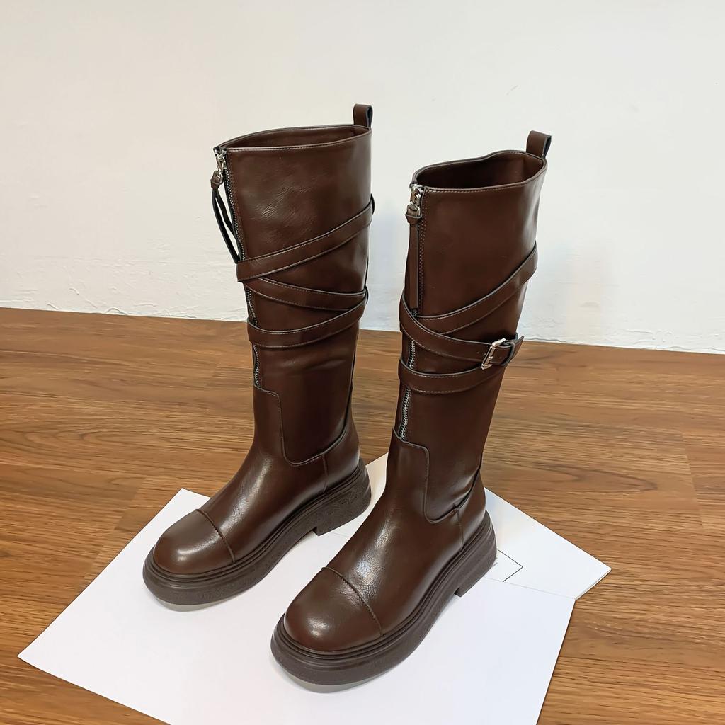 Grape Mom Long Knight Boots Belt Buckle Pleated Pile Boots Front Zipper Internet Celebrity Soft Leather Skinny Boots Platform Women's Boots