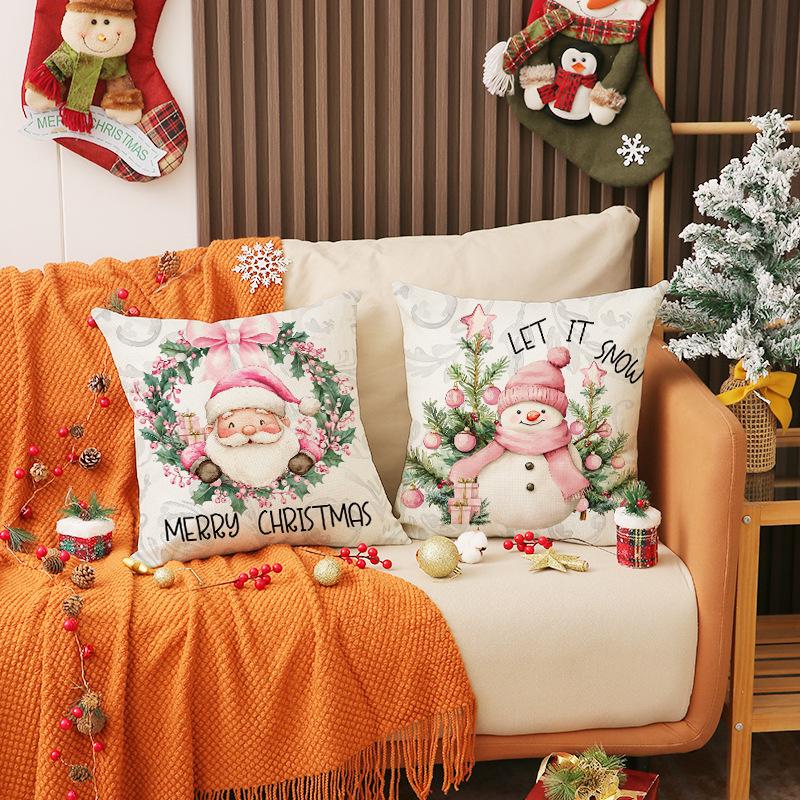 Pink Christmas Pillow Set, Linen Print Car Cushion, Holiday Atmosphere Arrangement Sofa Cushion