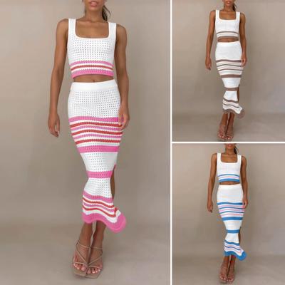 Σετ Φούστα Δύο Τεμαχίων για Γυναίκες Ριγέ Bodycon Σκιστό Μίντι Φούστα και Αμάνικο Crop Μπλουζάκι Σετ Καλοκαιρινό Πλεκτό Διάτρητο Σετ