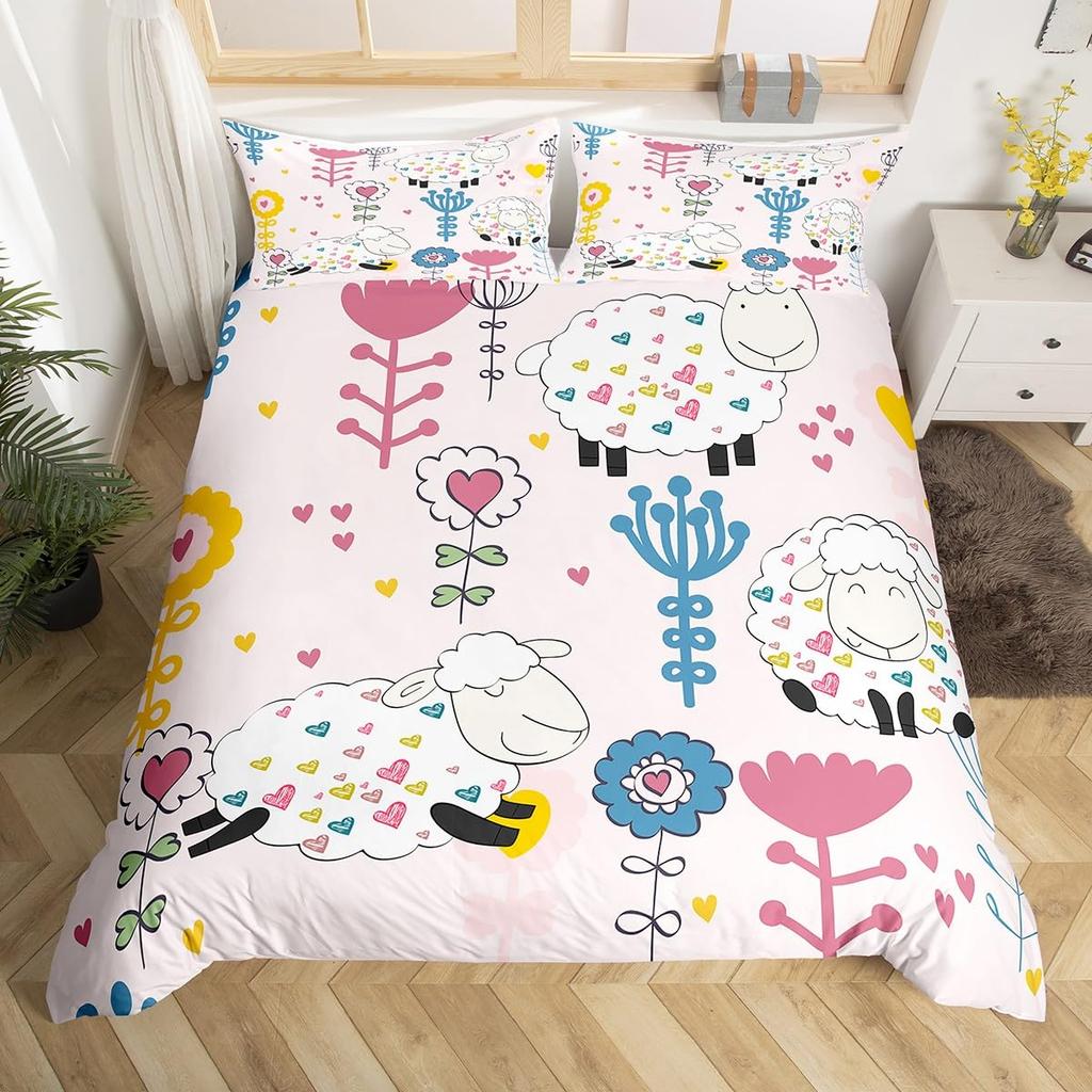 Cute Sheep Duvet Cover King Queen Funny Animal Floral Bedding Set Kids Cartoon Farm Animal Comforter Cover Polyester Quilt Cover