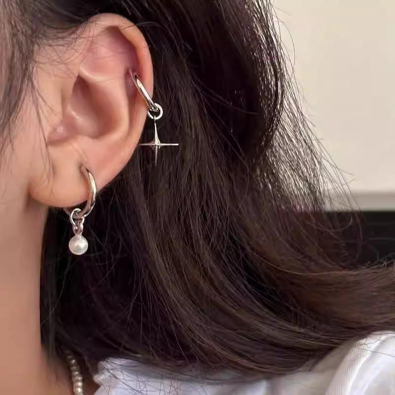 ANENJERY Geometric Star Simulated-pearl Pendant Earrings for Women Sweet Cool High-end Fashionable Asymmetrical New Trend Earrings Jewelry Gifts