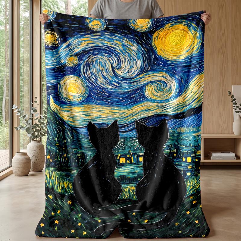 Starry Night Cat Theme blanket Lightweight Warm Flannel Blanket Decorative Throw Blanket for Home Decoration