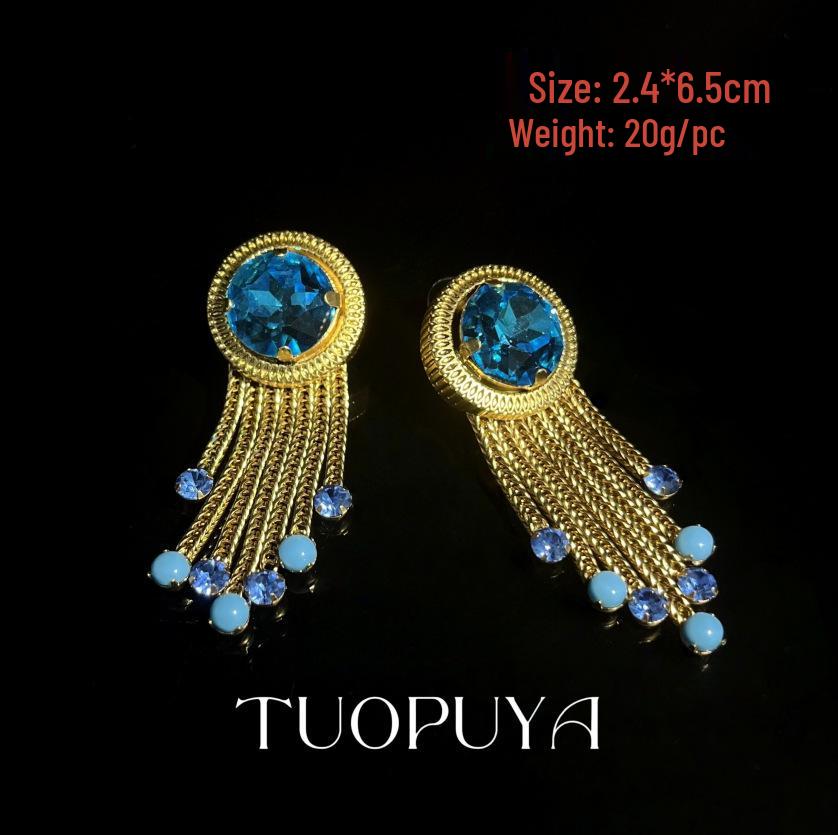 Temperament Copper Claw Tassel Earrings with Blue Gem Studs