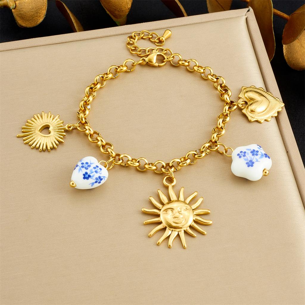 DIEYURO 316L Stainless Steel Golden Sun Heart Ceramic Flower Pendant Bracelet For Women New Classic Wrist Chain Jewelry Gift