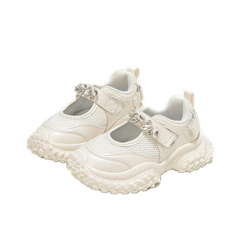 Children's Rhinestone Durian Sole Girls Hollow Running Shoes 2025 Spring Mesh Breathable Little Girl Light Sports Shoes