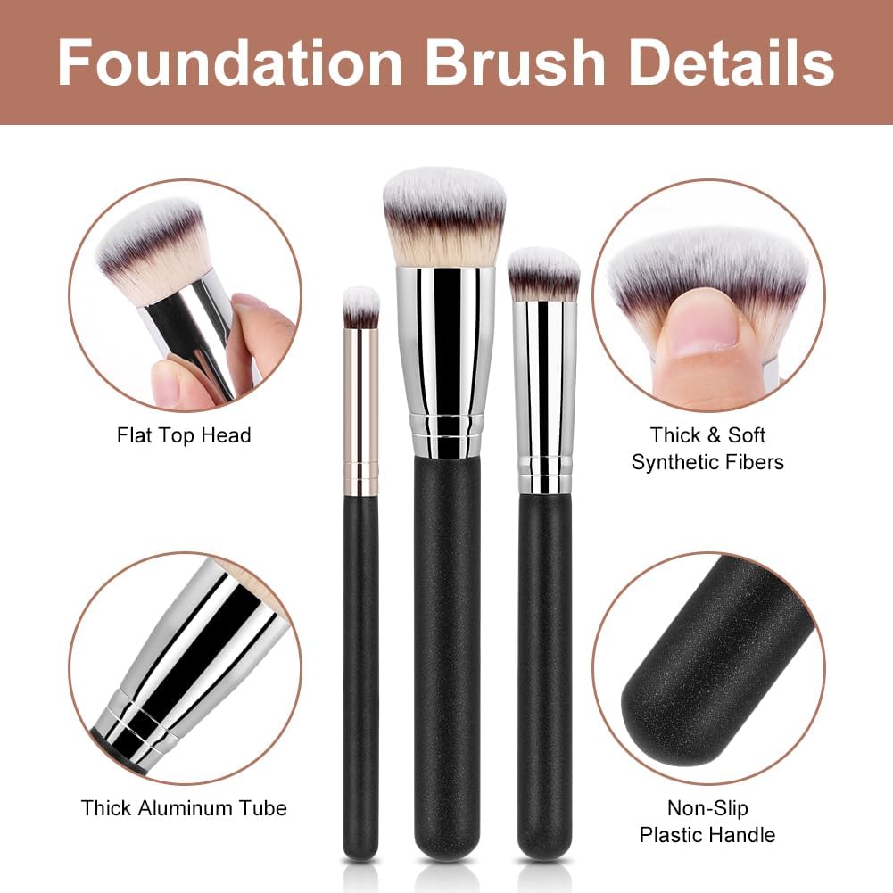 Professional Foundation Brush Set, 3 Piece Makeup Brushes with Synthetic Fibers, Black Handle with Silver Ferrule, Flat Top for Liquid and Cream