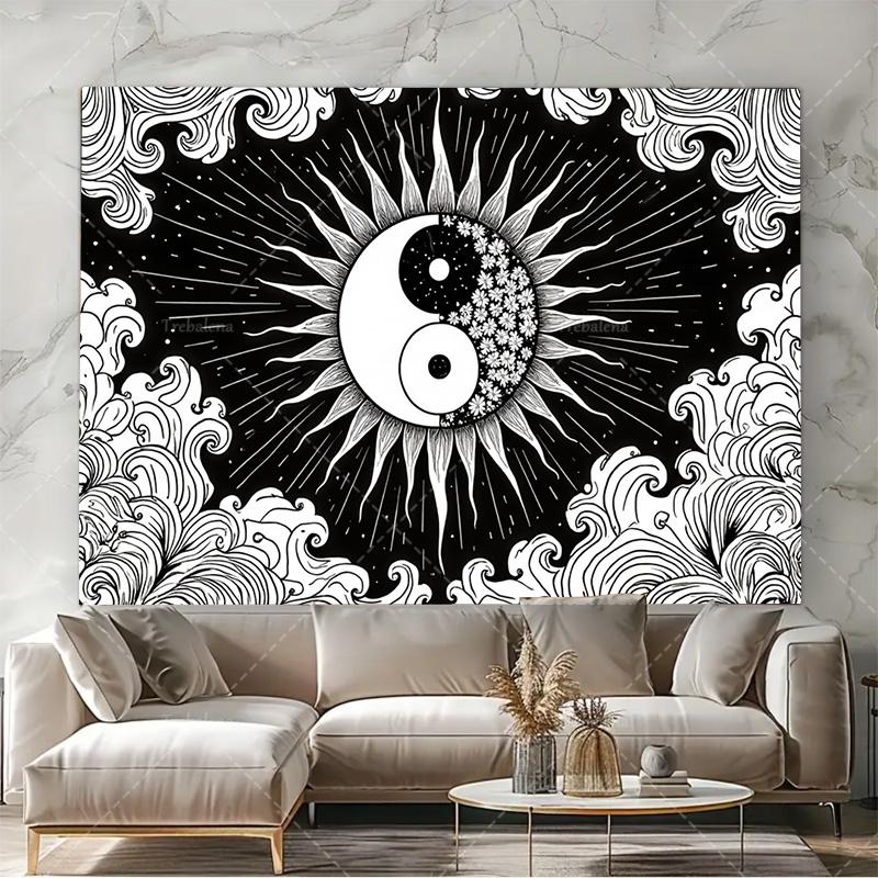 1pc Wall Tapestry Yin Yang Sun Moon Tapestry - Black White Boho Wall Hanging for Bedroom Decor