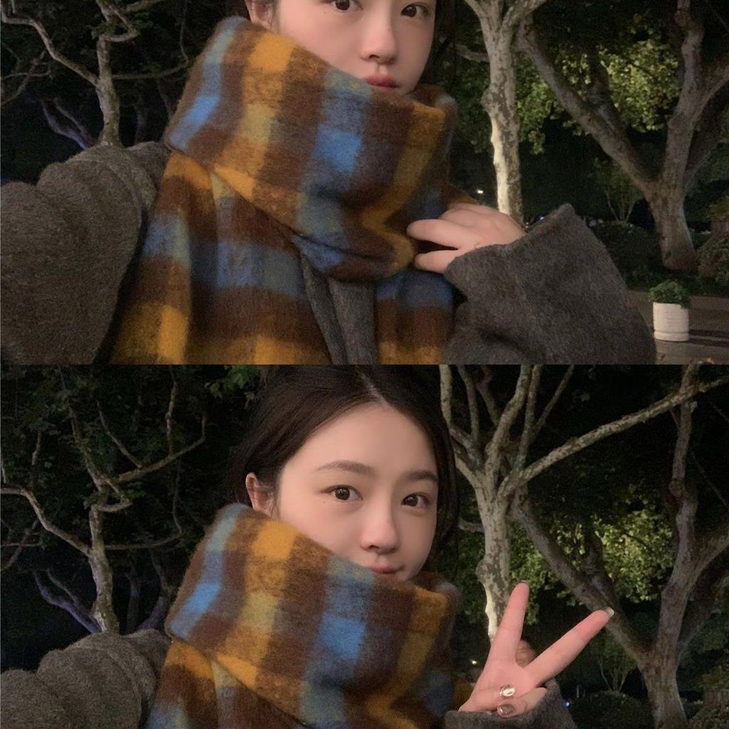 Women's Korean Mohair Plaid Scarf: Winter Thick Warm Imitation Cashmere Knitted Long Shawl