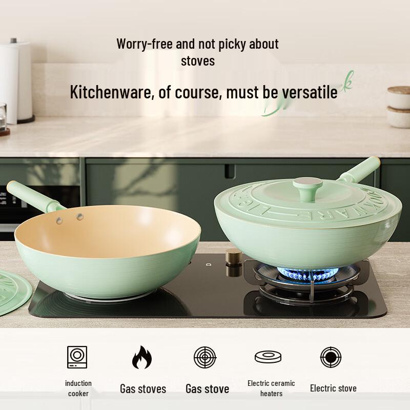 ZISIZ 32cm Flat Bottom Ceramic Stir-fry Wok with Iron Lid