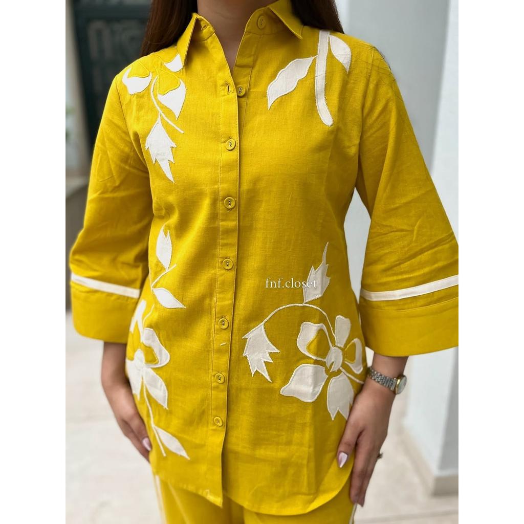 Yellow Floral Embroidery Shirt Cord Set Women Designer Ethnic Top Kurta Pant Set