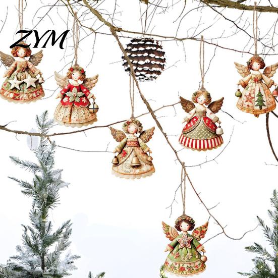 Traditional Christmas Tree Ornaments 6Pcs Vintage Angel Wooden Ornaments, Hanging Decor Set with Jute String, Rustic Pendant for Home Party