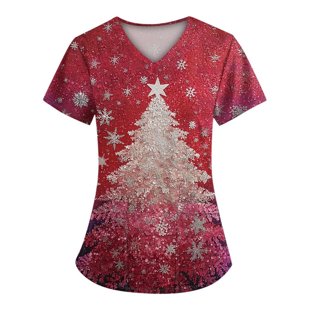 Women's Short Sleeve Christmas Printed V-Neck Pocket Uniform Top