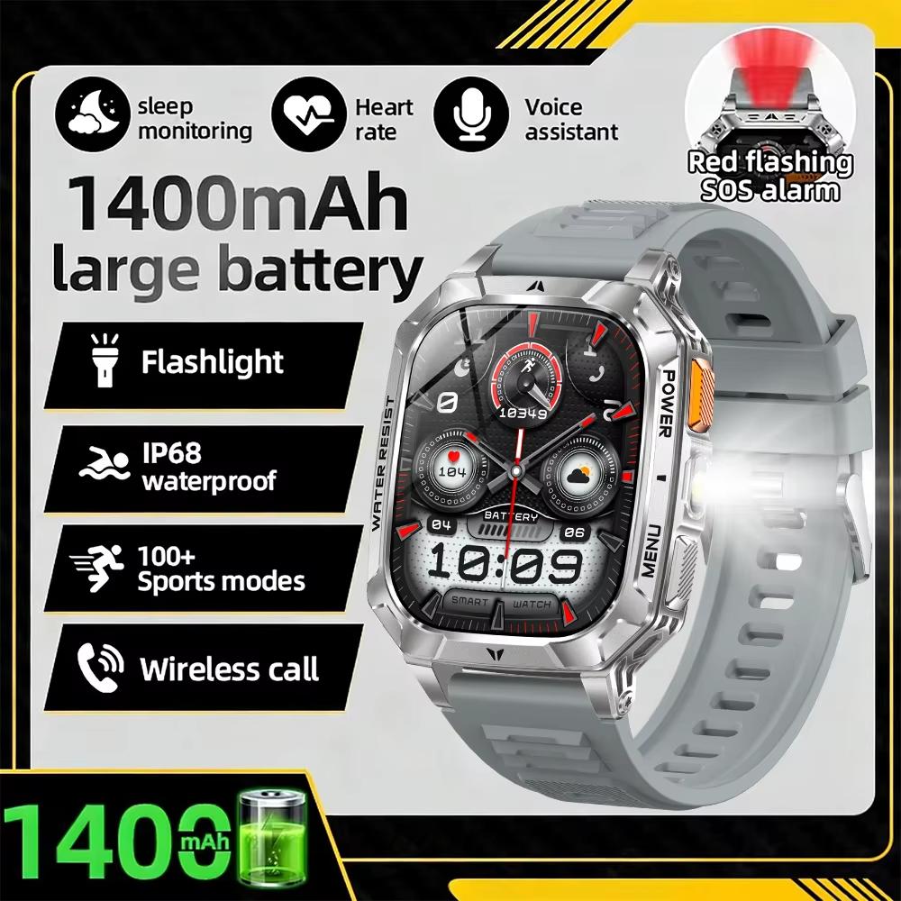 For Android iOS Watch Smart Call Sports Monitor Health Flashlight Waterproof IP68 Men Smartwatch Military Battery 1400 mAh New
