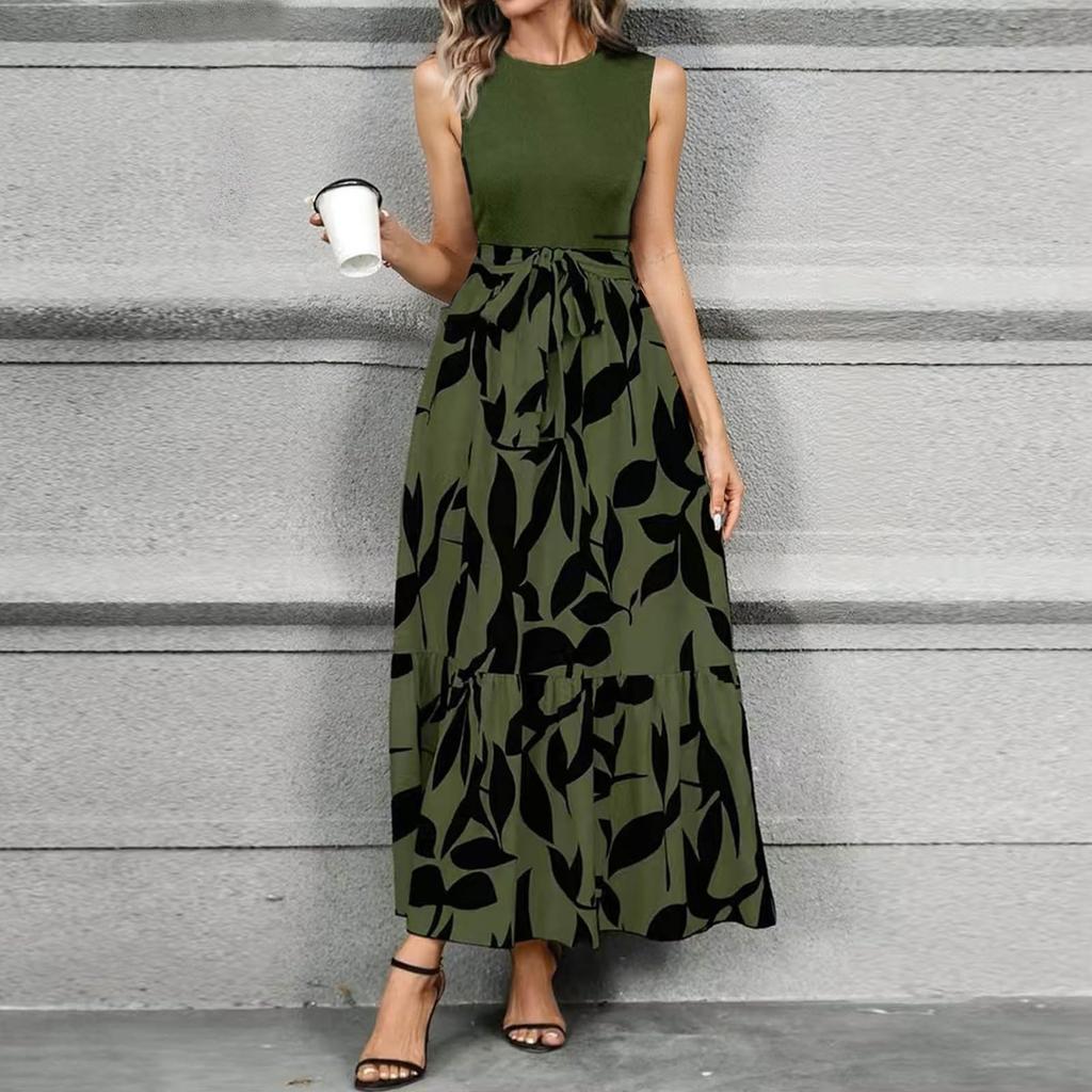 Women's Floral Print High Waist Fashionable And Elegant Sleeveless Dress