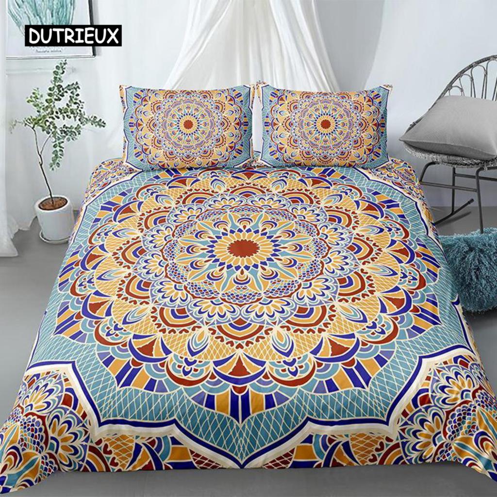 Mandala Duvet Cover Set King Polyester Tie Dye Paisley Quilt Cover Purple Boho Hippie Trippy Floral Exotic Style Bedding Set