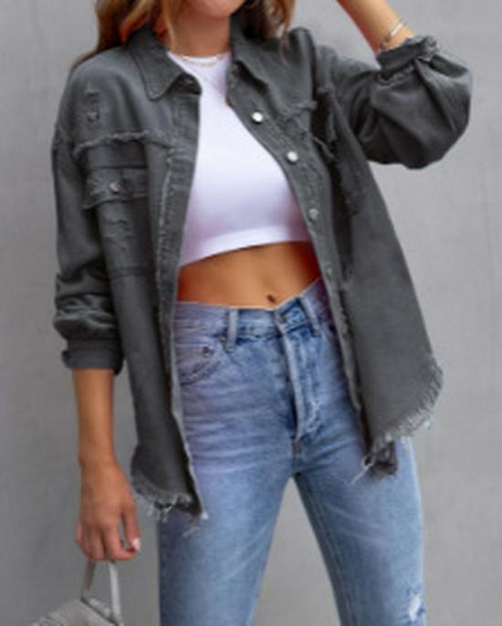 Women's 2025 European & American Solid Color Ripped Denim Jacket - Loose Fit, Long Sleeve