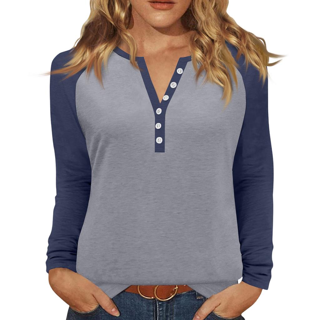 Women's T Shirt Color Block Button Long Sleeve Daily Weekend Fashion Basic V- Neck Regular Top