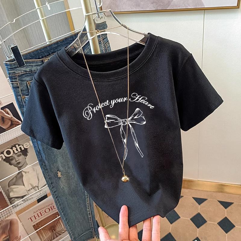 2025 Summer Cotton Crew Neck Shoulder Short Sleeve T-Shirt Women's Apricot Loose ins Tide Half Sleeve Top Versatile T-Shirt