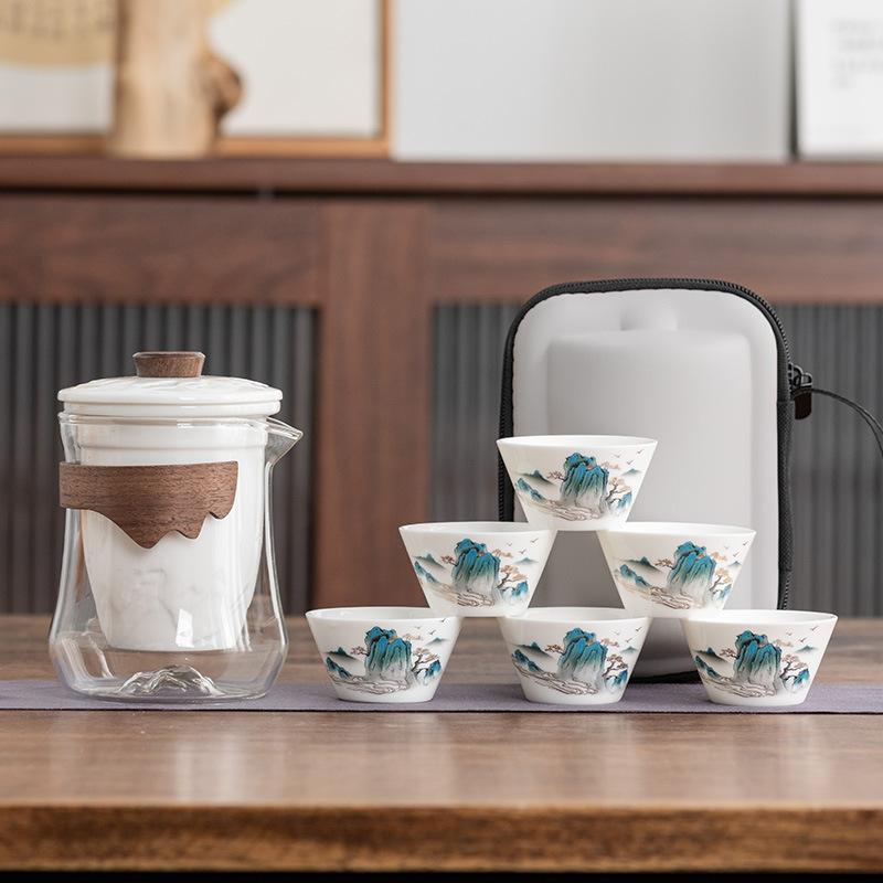 

Jade porcelain travel tea set, a pot of six cups set, gifts for the company s business annual meeting, gifts for leaders, teachers, and fathers