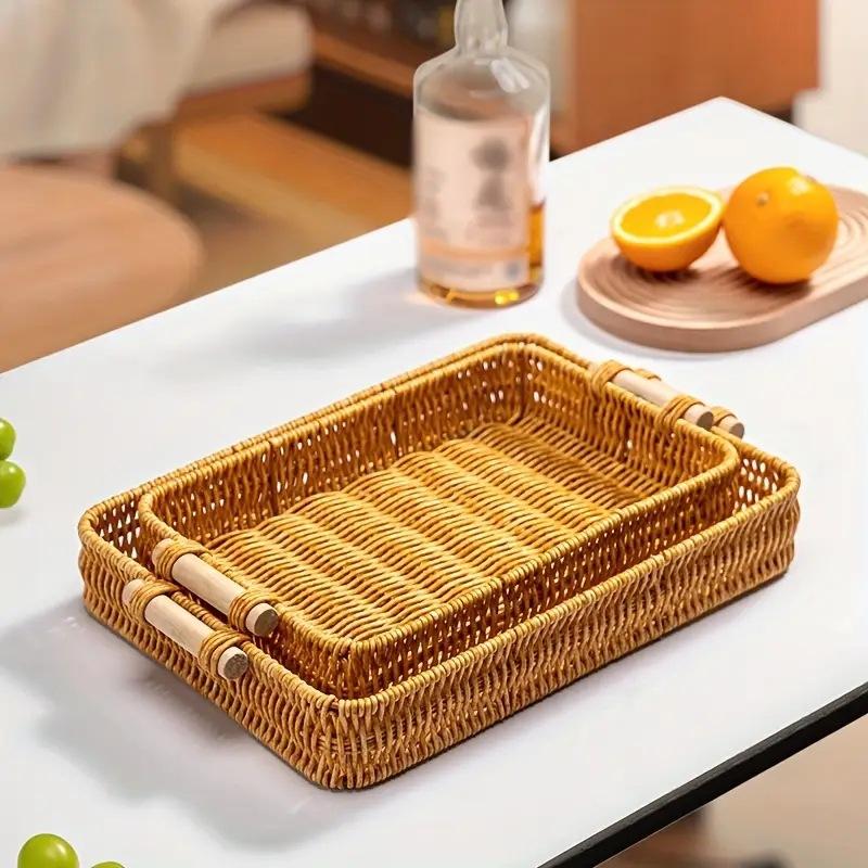 Multi-Use Pp Woven Storage Basket With Wooden Handle Modern Rectangular Shallow Bin For Living Room Bedroom Kitchen Hotel Servic
