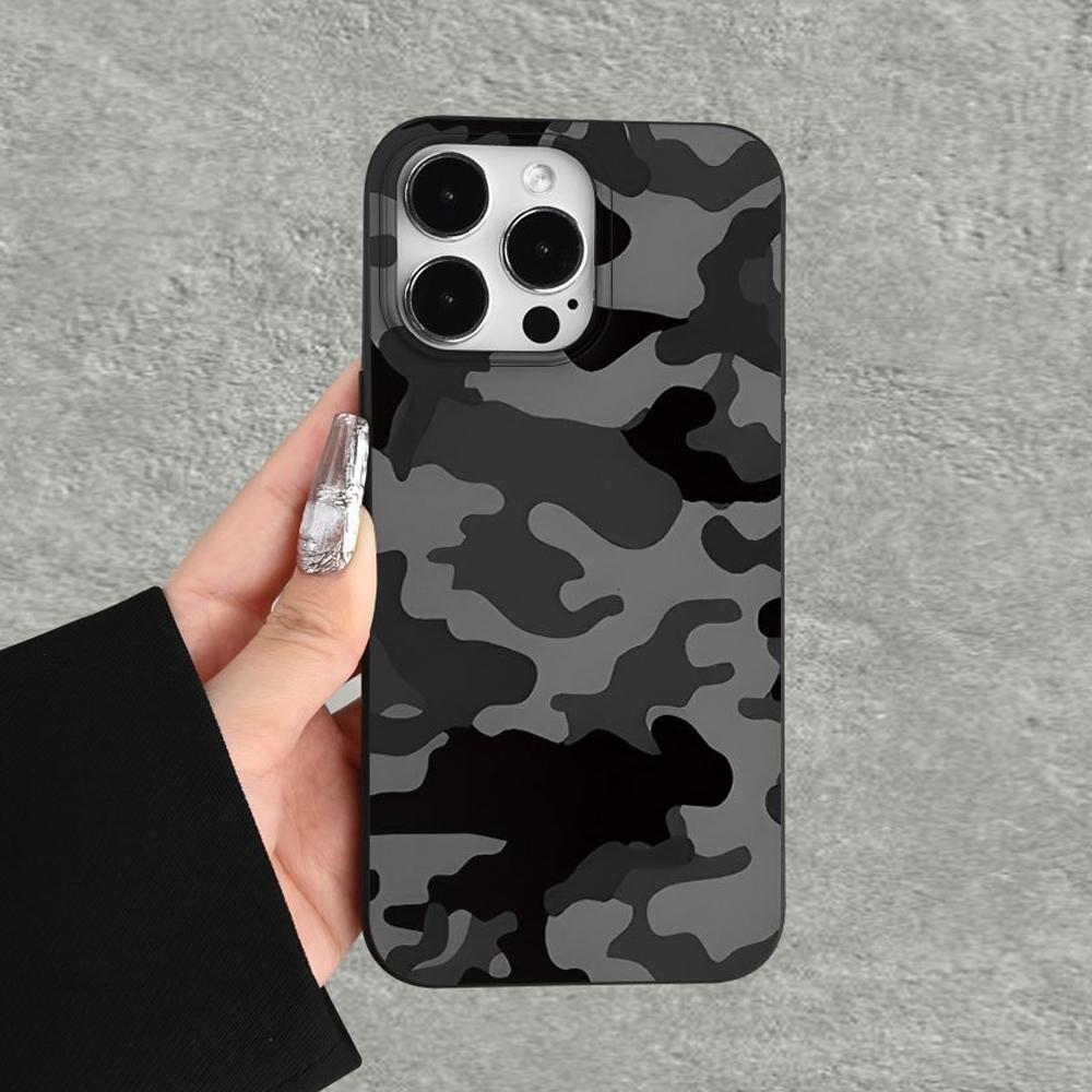 Black Grey Camouflage Print Phone Case for iPhone 16 15 14 13 12 11 Pro Max Aesthetic Camo Shockproof Cover for Men Women