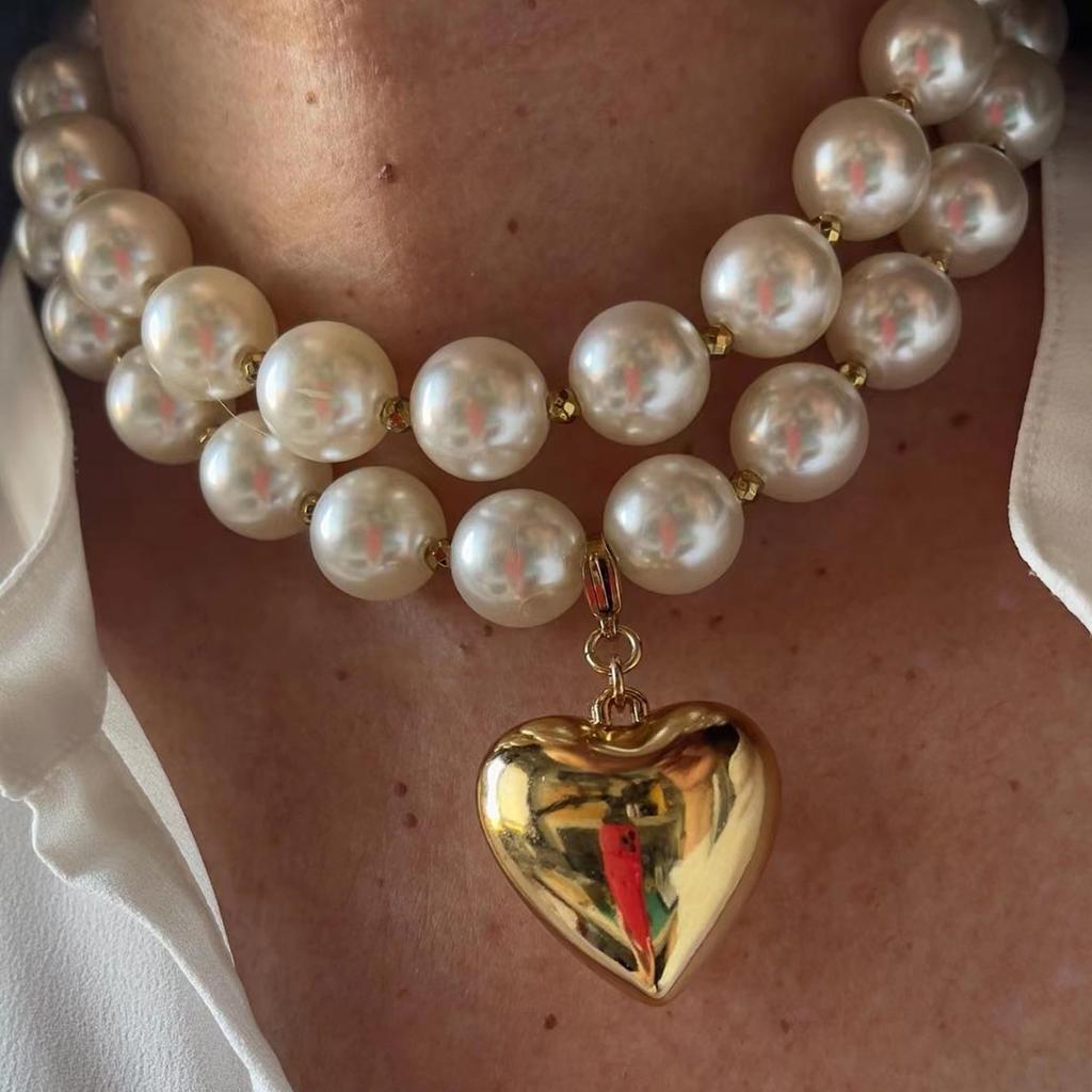 Personalized Cyberstyle Multi-layer Round Bead Peach Heart Necklace