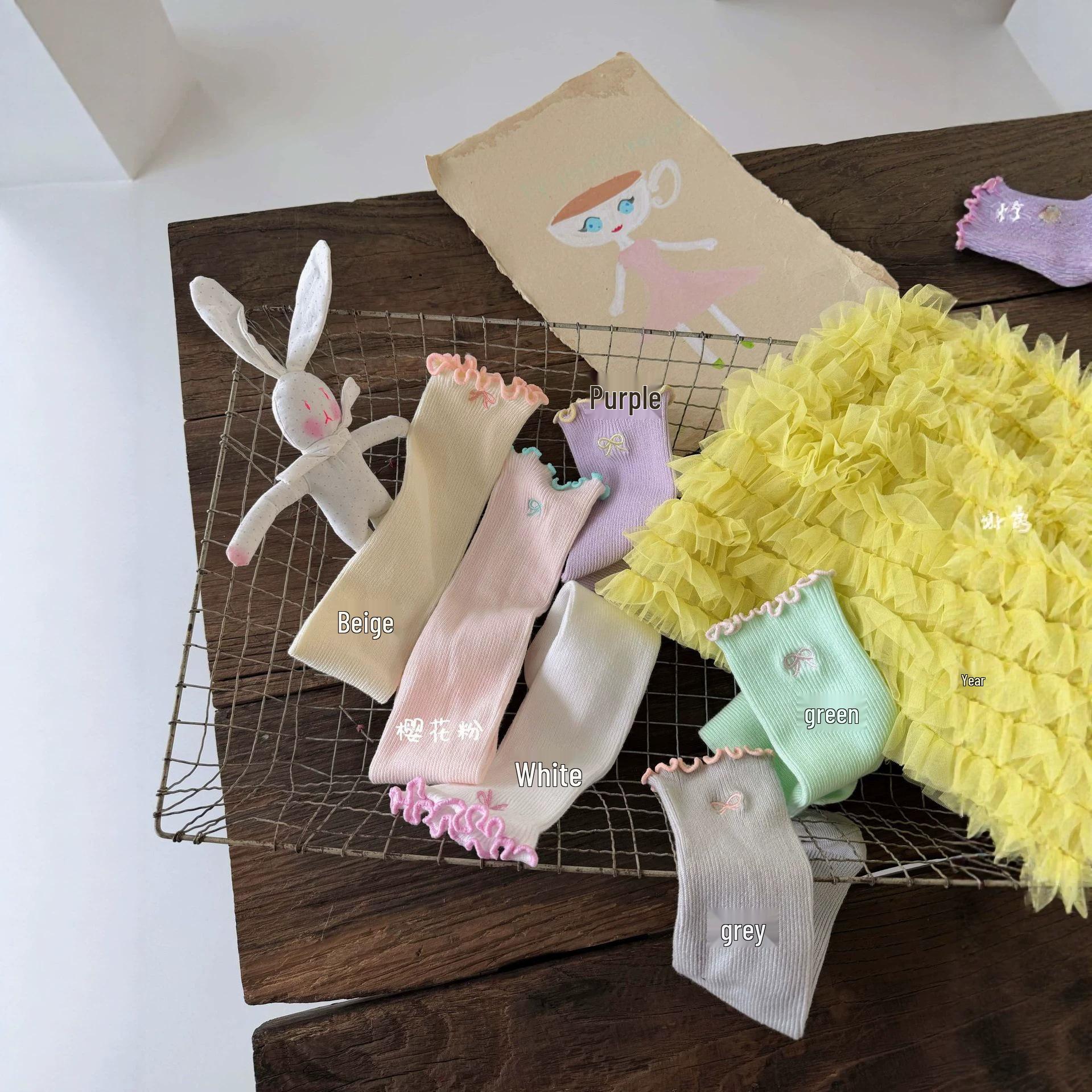 Spring Summer Korean Girls Mid-calf Cartoon Ruffle Socks - Children s Cotton Princess Socks серый