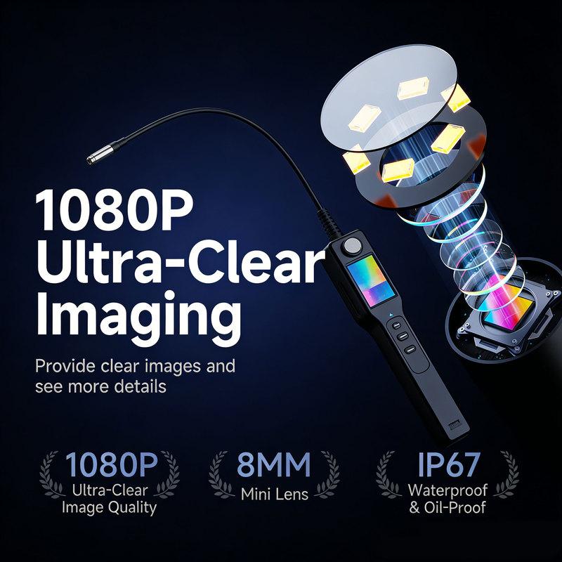 Industrial Endoscope Camera 4.3'' LCD Digital Handheld Borescope IP67 Waterproof HD1080P 8mm Pipe Sewer Camera Semi-Rigid Cable