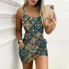 Summer New Retro Patterns  Print Sleeveless Bodycon Dress with Pockets Sexy Slim Fit Elegant Party Dress