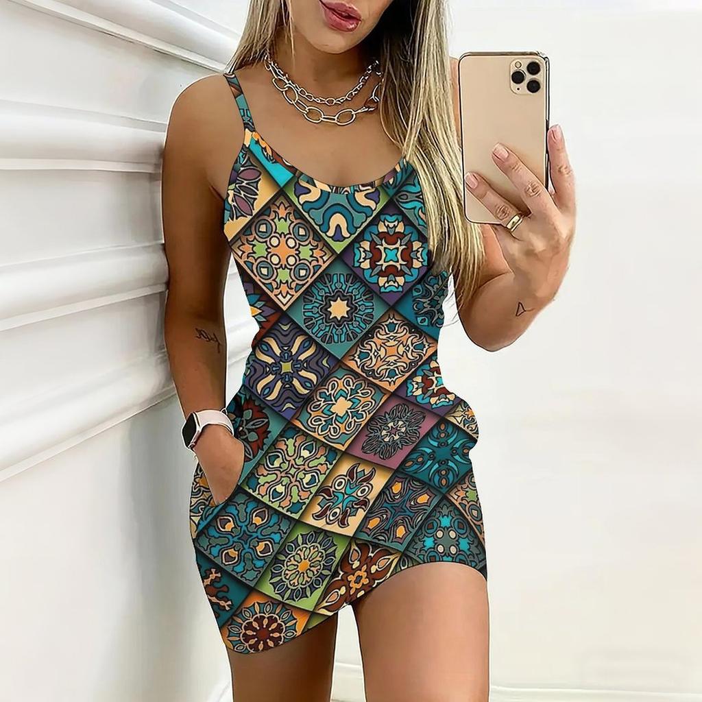 Summer New Retro Patterns Print Sleeveless Bodycon Dress with Pockets Sexy Slim Fit Elegant Party Dress