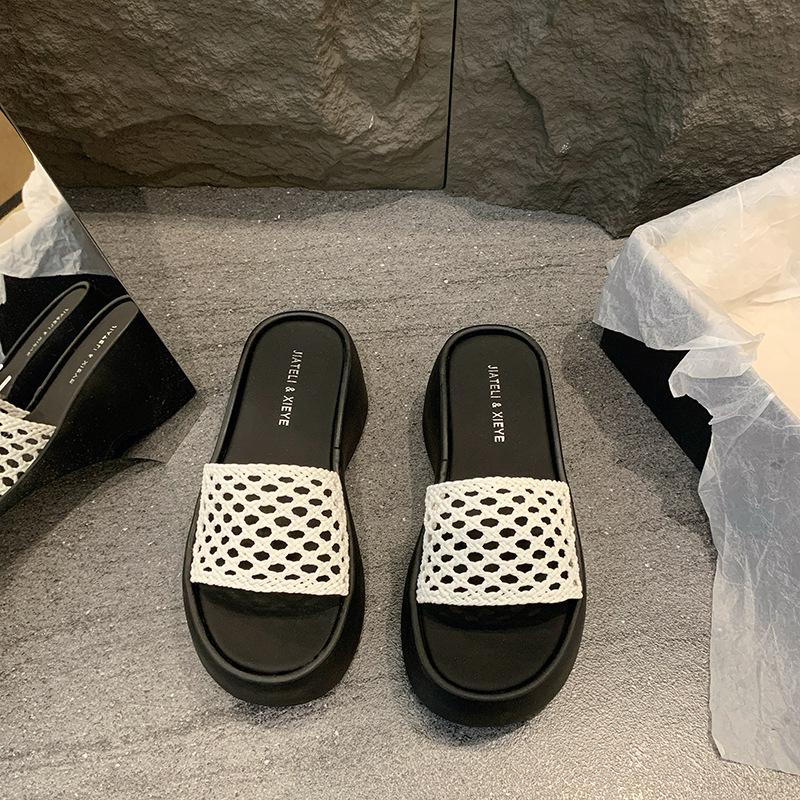 Large Size One-word Cool Slippers Summer New Solid Color Woven Hollow Square Head High Heels Thick-soled Thick-heeled Slippers