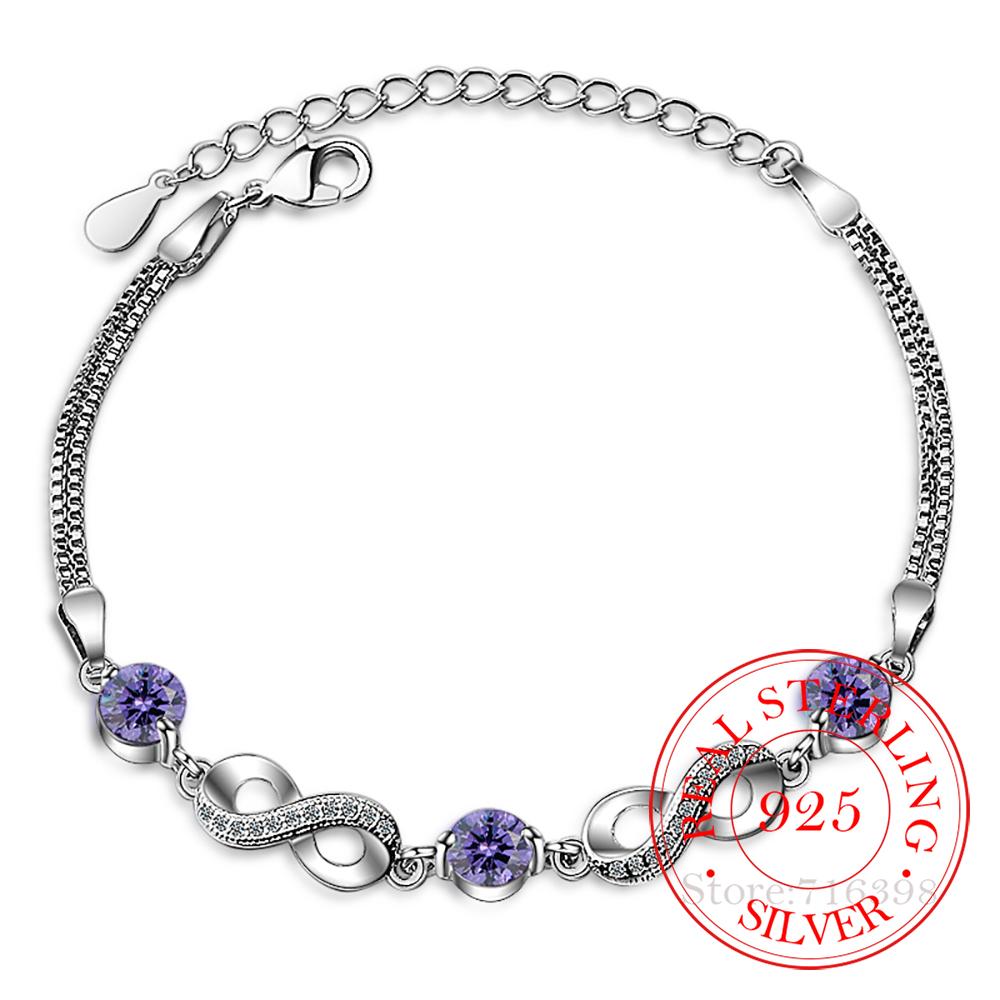 925 Sterling Silver Endless Love Infinity Chain Link Adjustable Women Bracelet Luxury Silver Jewelry