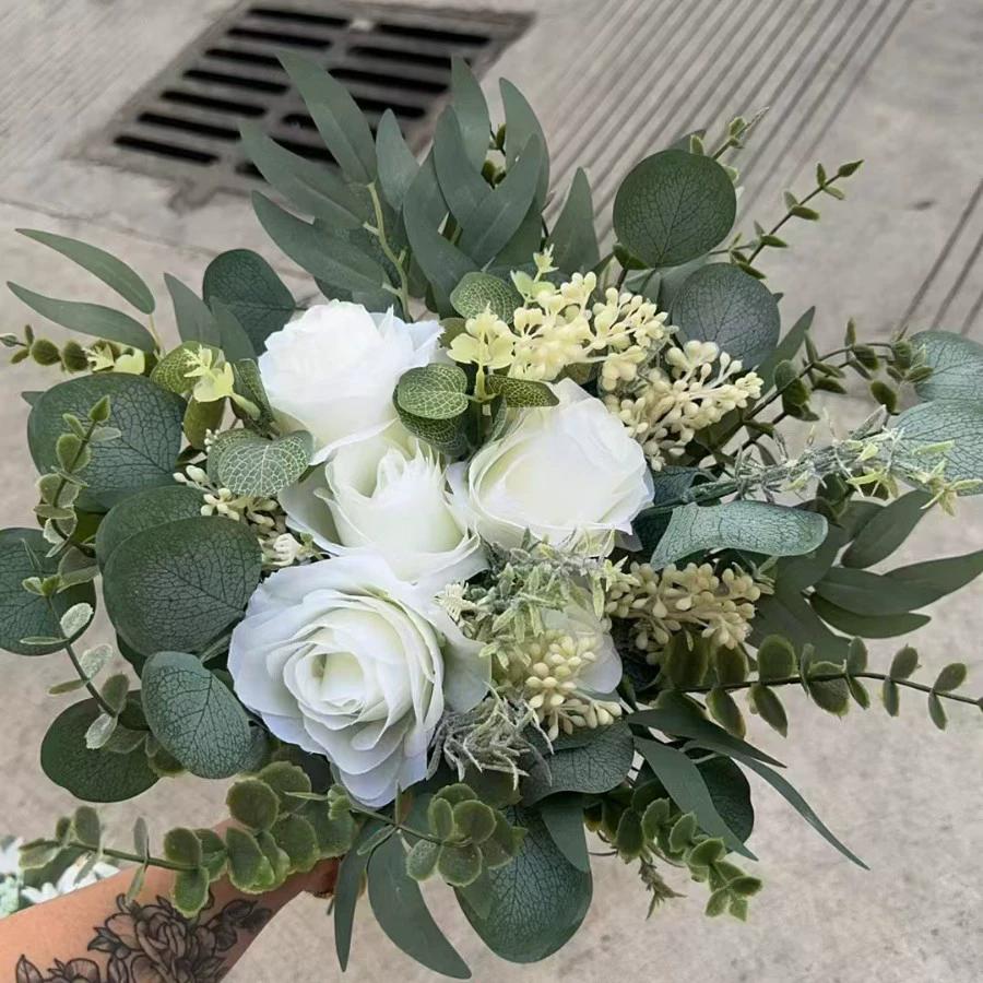 Mixed Artificial Flowers Bouquet with Eucalyptus Leaves And Silver Willow Cuttings for Wedding Floral DIY Home Decor