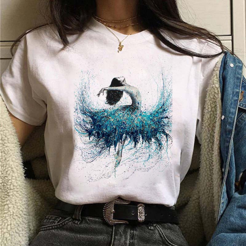 New Watercolor Ballet Dancer Print Women's T-shirt Casual Dance Ballet Round Neck Summer Outfit Harajuku Retro Top