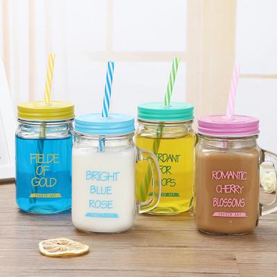 Creative Straw Cup, Glass Cup, English Rooster Cup, Handle Cup, Milk Tea Bottle, Beverage Bottle, Mason Cup with Lid