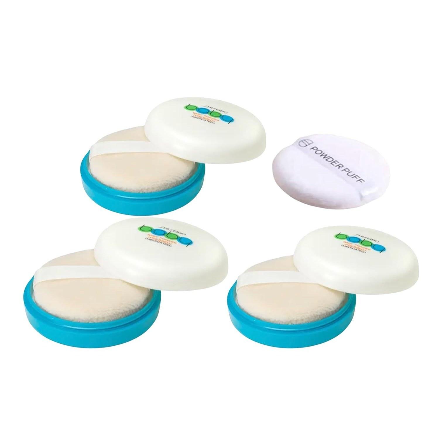 Shiseido Baby Powder Pressed quasi-drug 50g3 pieces set includes fluffy white mini puff (worth 600 yen) body face babypowder acne heat rash hair goods