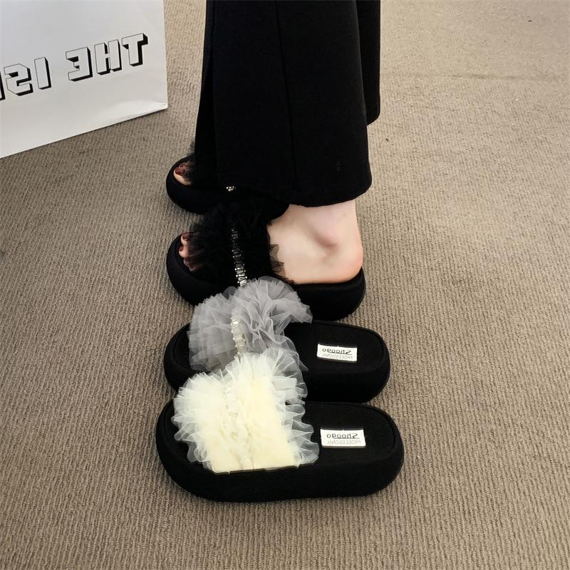 Mesh Thick-bottomed Cool Slippers Women's 2025 Summer Casual Fashion Lace Edge Mesh Yarn Wearing Women's Cool Slippers