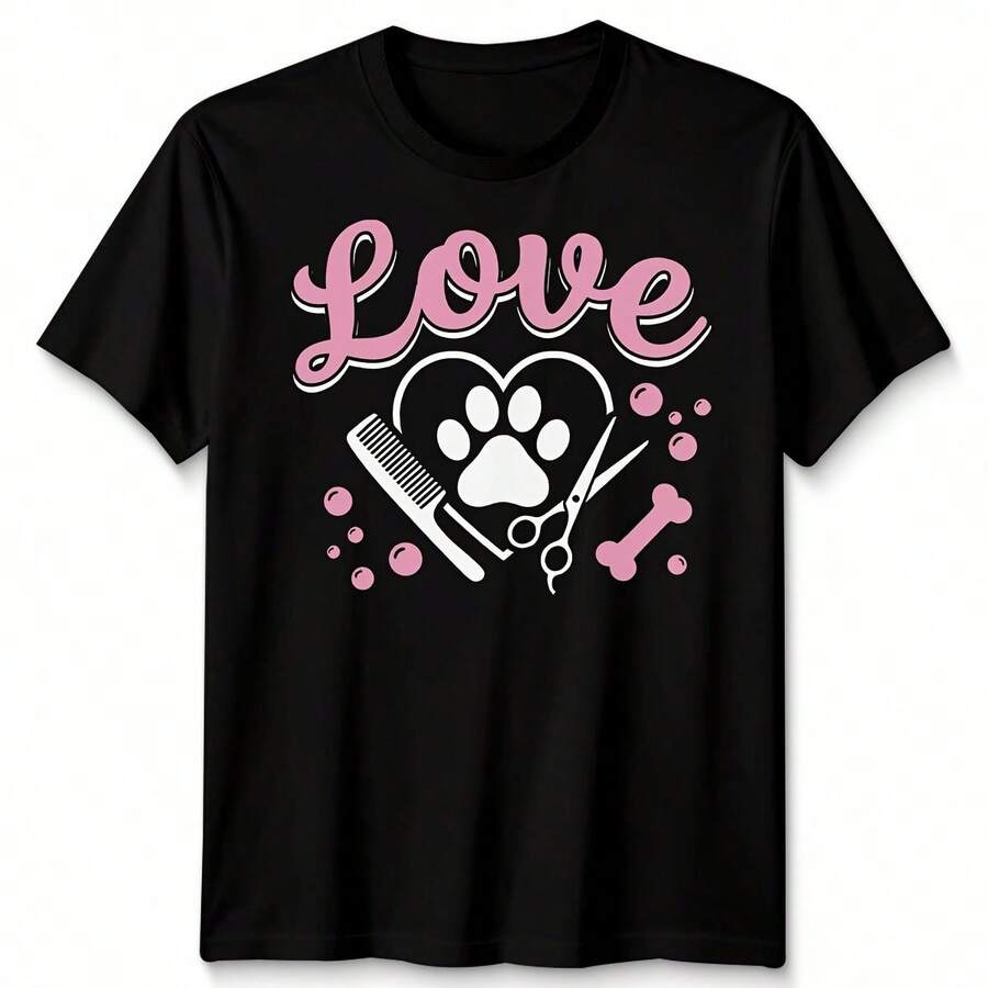 Men's Women's Crew Neck Short Sleeve Casual Daily T‑Shirt Love Paw Print Pet Grooming Professions Graphic Tee Top