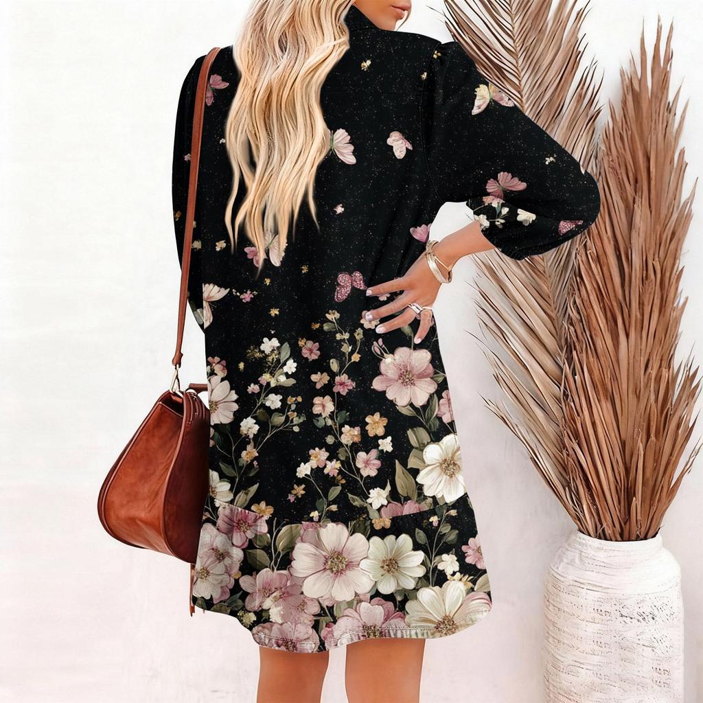 Damenmode Elegant Herbst Und Winter Langarm V-Ausschnitt Weihnachtsprint Kleid
