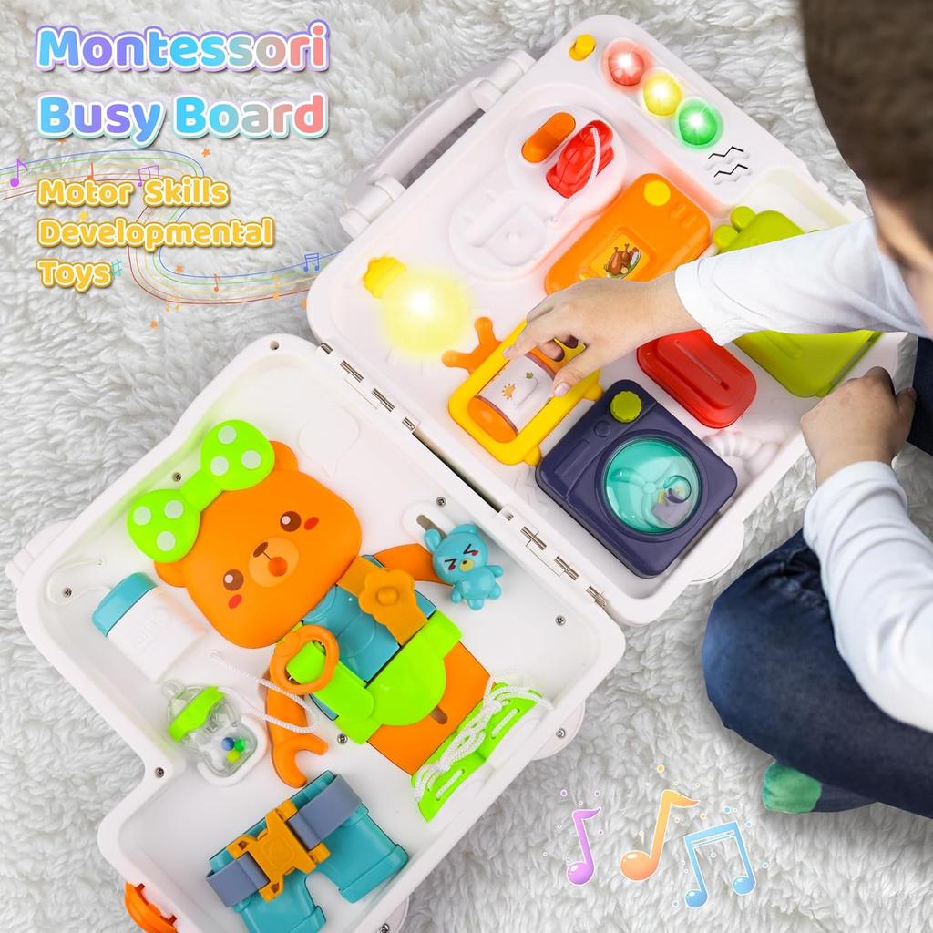 Toddler Toys Age 1-2, Musical Montessori Busy Board, Early Educational Toys for 1-2 Year Old, Motor Skills Developmental Toy, Toddler Travel Toy,