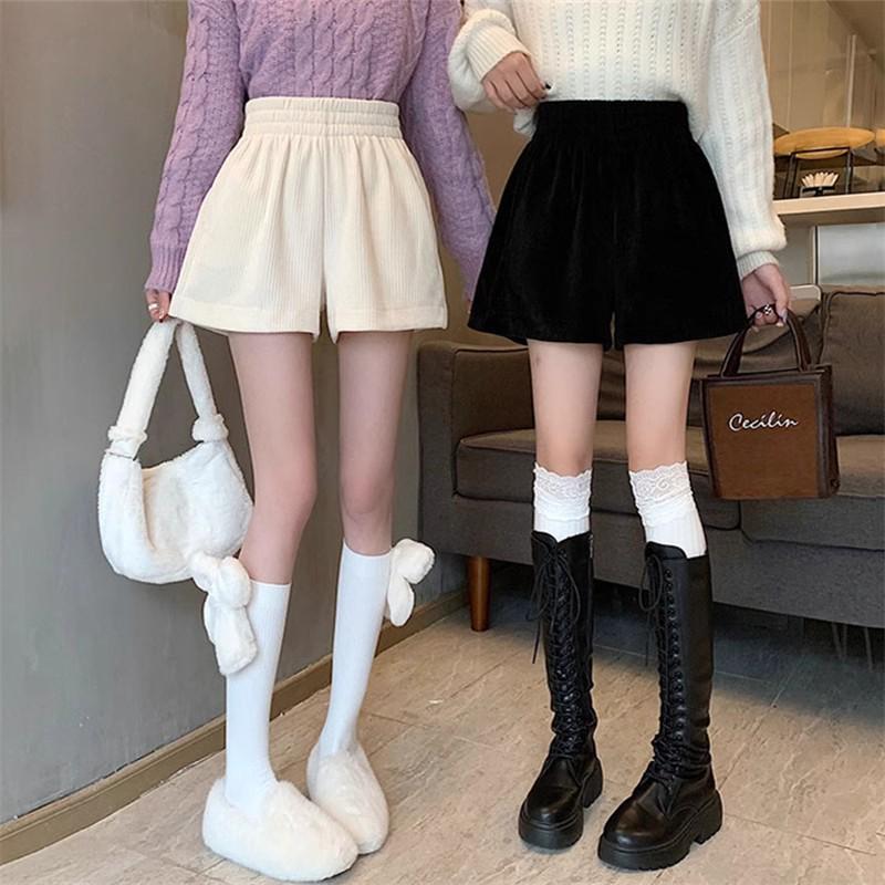 

Women s High Waist Corduroy A-Line Shorts - Thick, Elastic Waist, Wide-Leg, Autumn/Winter Style. M (Recommended 45.5-52kg)