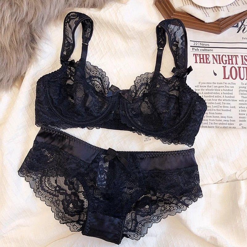 New sexy lace underwear women's big breasts show small and thin upper support anti-sagging breathable bra cover set