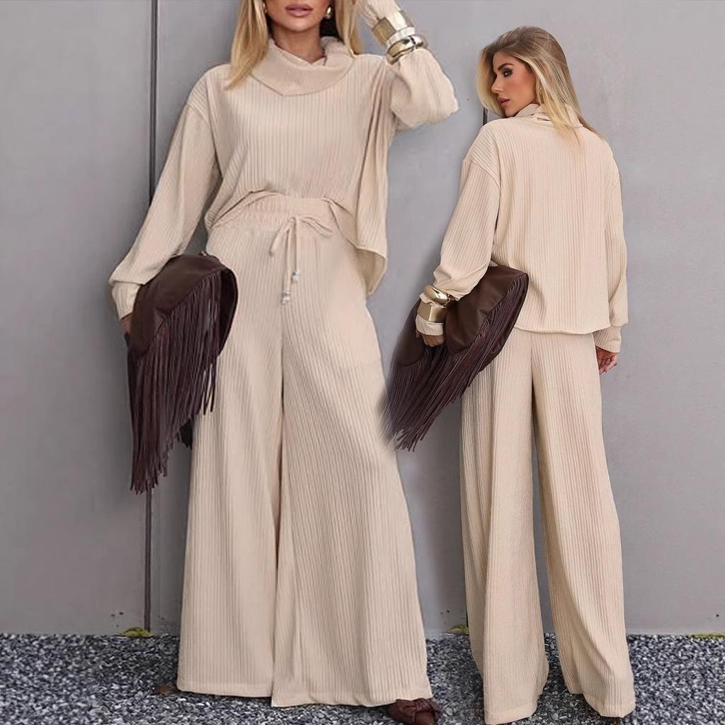 New women's elegant temperament stacked collar long-sleeved top wide-leg pants set