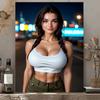 HD Metal Wall Art Gorgeous Woman with Long Braided Dark Hair Wearing Stylish White Ribbed Crop Top and HighWaisted Olive Green